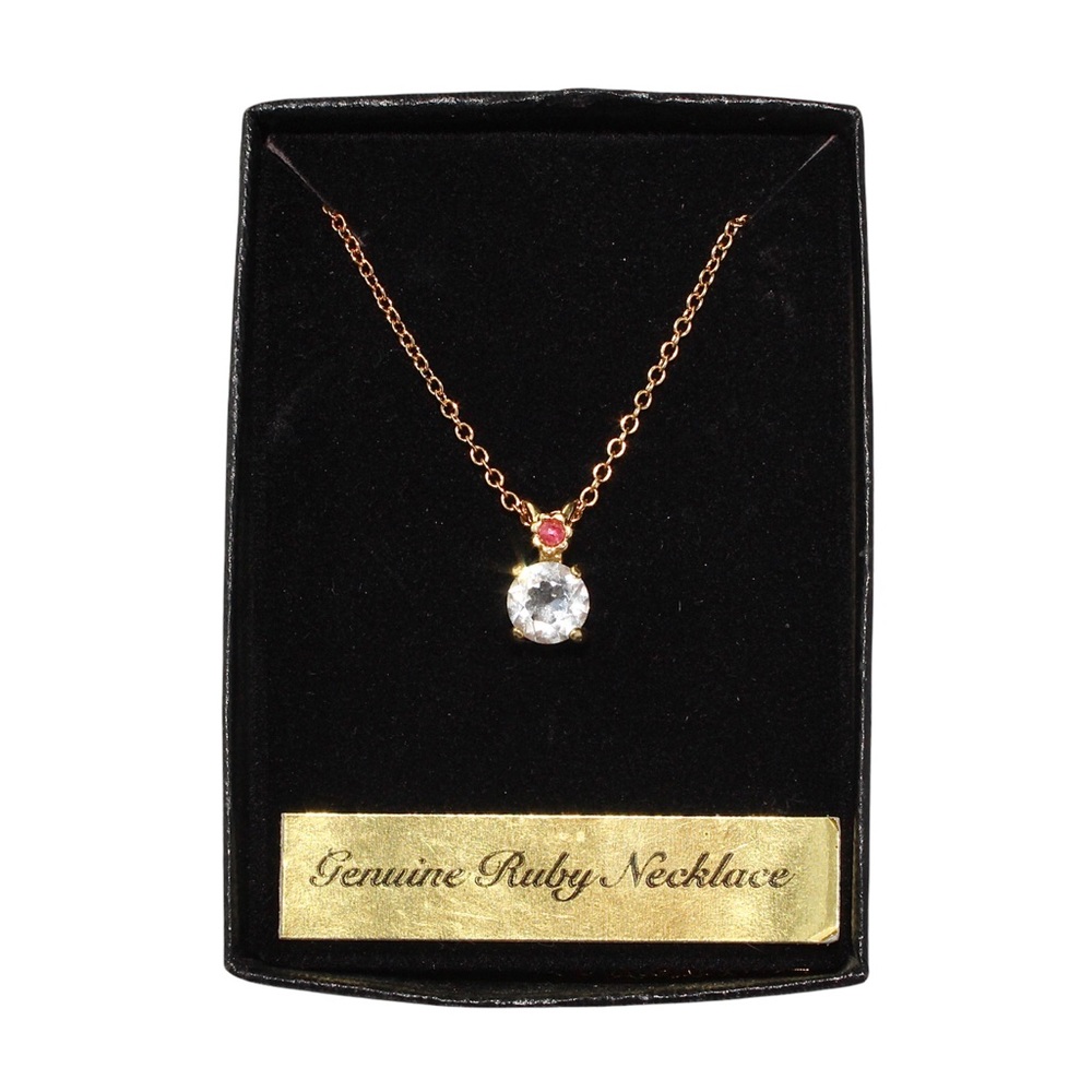 Vintage Van Doran Genuine Ruby Necklace Double Stone Pendant Gold Tone With Box